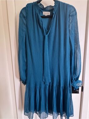 Harper Teal Pleated Tie-Neck Long Sleeve Dress